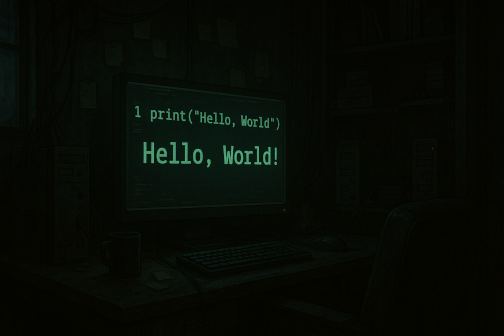 Zu sehen ist ein Computerbildschirm in einem dunklen Raum. Auf dem Computerbildschirm ist der Quellcode für ein Hello-World-Programm in Basic zu sehen.